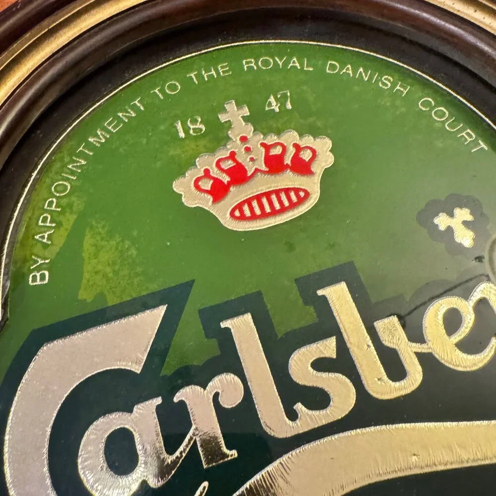 Vintage 1986 Carlsberg Beer Sign Mirror with Wood Frame Copenhagen Denmark